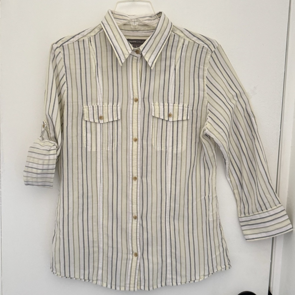 DOCKERS Womens Ivory Striped Crinkle Roll-Up 3/4 Sleeve Shirt L 45190012